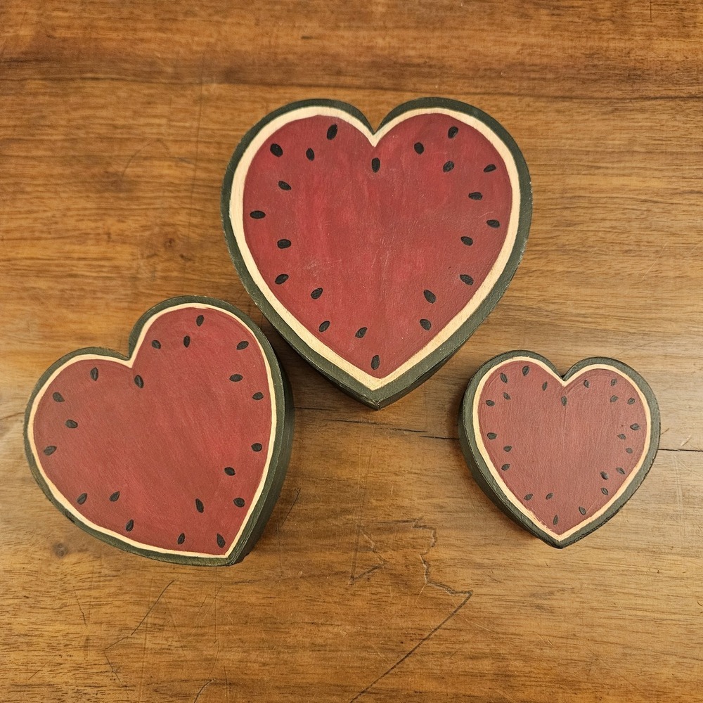Heart Shape Watermelon Boxes Stacking Nesting Country Farmhouse Rustic Decor